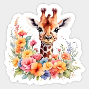 A giraffe decorated with beautiful watercolor flowers Sticker
